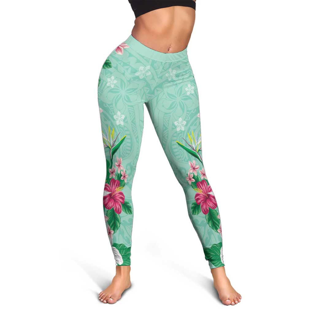 Hawaii Tropical Flowers Leggings Polynesian Tattoo Mint Green