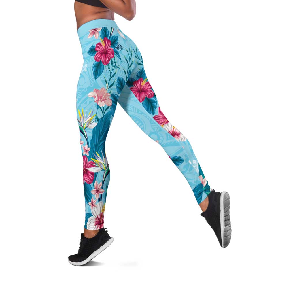 Hawaii Tropical Flowers Leggings Polynesian Tattoo Sky Blue
