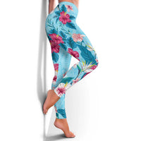 Hawaii Tropical Flowers Leggings Polynesian Tattoo Sky Blue