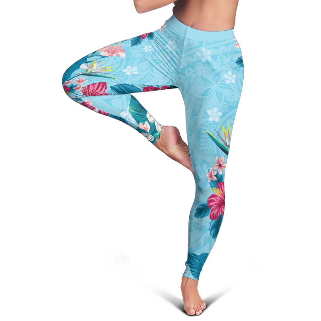 Hawaii Tropical Flowers Leggings Polynesian Tattoo Sky Blue