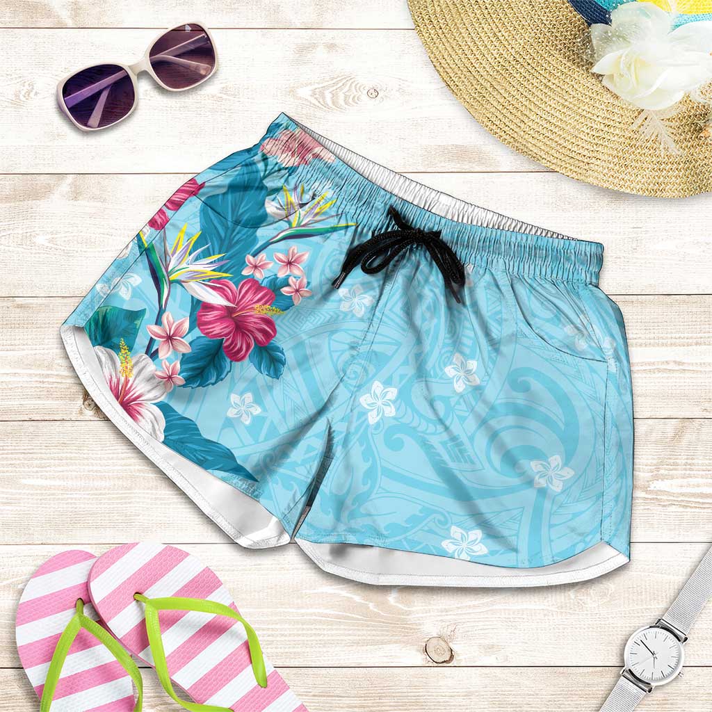 Hawaii Tropical Flowers Shorts for Women Polynesian Tattoo Sky Blue