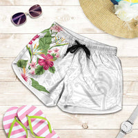 Hawaii Tropical Flowers Shorts for Women Polynesian Tattoo White