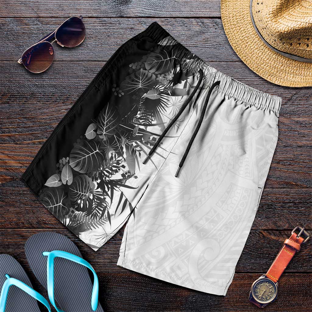 Hawaii Tropical Plant Monochrome Shorts for Men Vibrant Polynesian Pattern