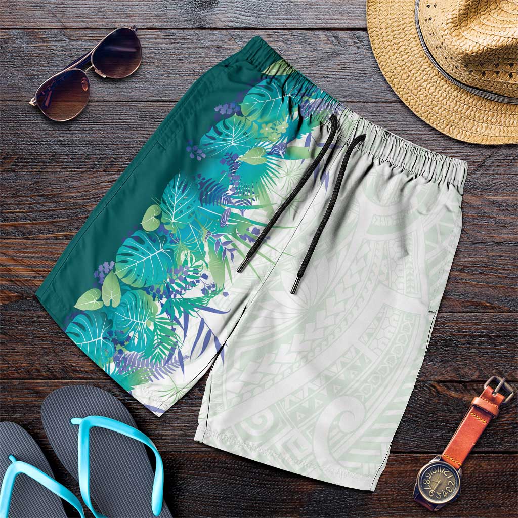 Hawaii Tropical Plant Teal Shorts for Men Vibrant Polynesian Pattern