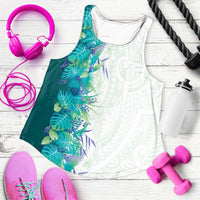 Hawaii Tropical Plant Teal Women Racerback Tank Vibrant Polynesian Pattern