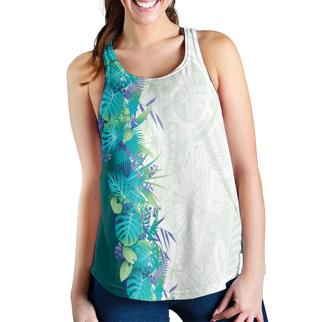 Hawaii Tropical Plant Teal Women Racerback Tank Vibrant Polynesian Pattern