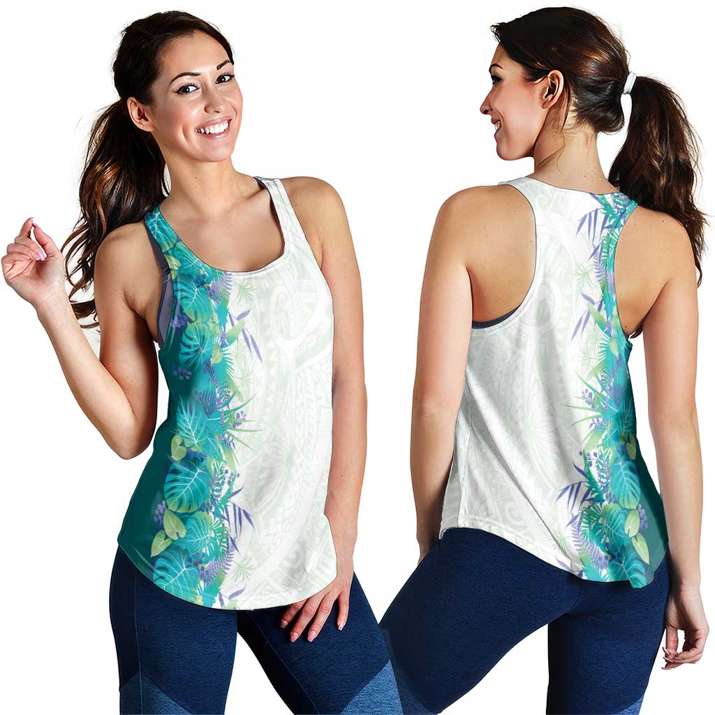 Hawaii Tropical Plant Teal Women Racerback Tank Vibrant Polynesian Pattern