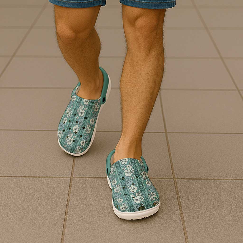 Hawaii Vintage Green Hibiscus Tapa Pattern Clogs Shoes - Polynesian Pride