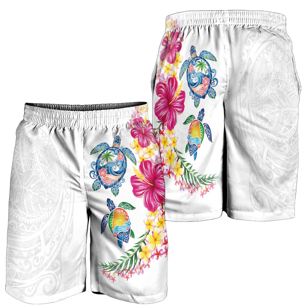 Hawaiian Abstract Art Turtles Shorts for Men with Plumeria and Hibiscus - Polynesian Pride