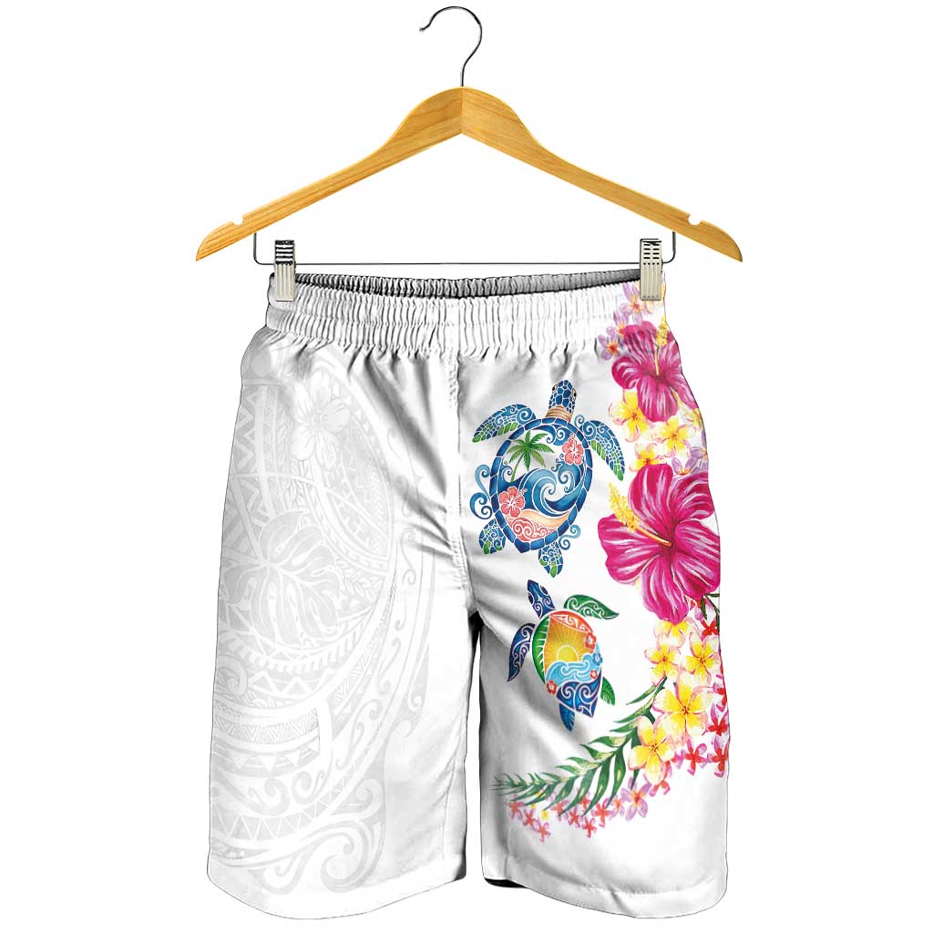 Hawaiian Abstract Art Turtles Shorts for Men with Plumeria and Hibiscus - Polynesian Pride