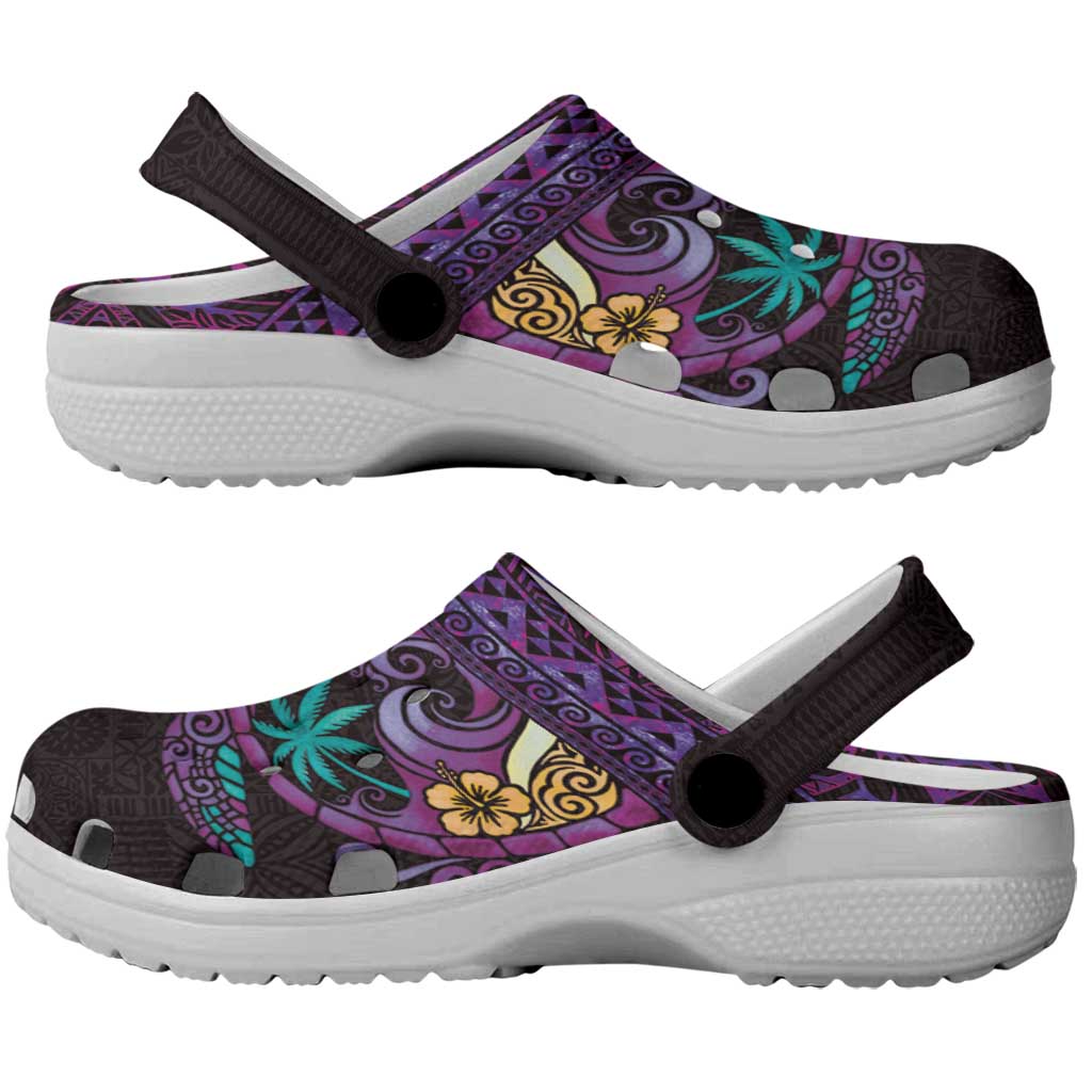 Hawaiian Abstract Sea Turtle Clogs Shoes Polynesian Tapa Art and Kakau Tattoo Purple WaterColor - Polynesian Pride