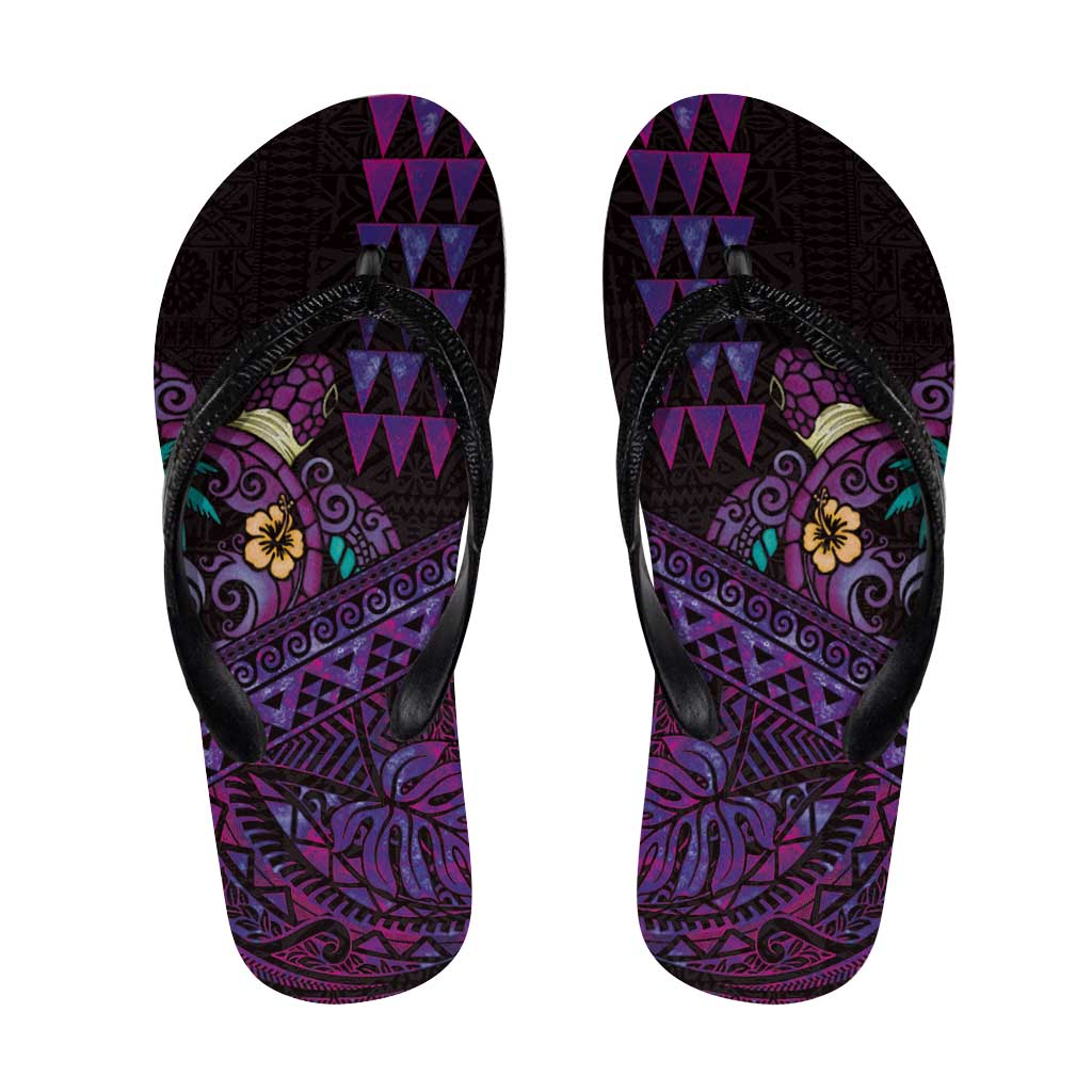 Hawaiian Abstract Sea Turtle Flip Flops Polynesian Tapa Art and Kakau Tattoo Purple WaterColor - Polynesian Pride