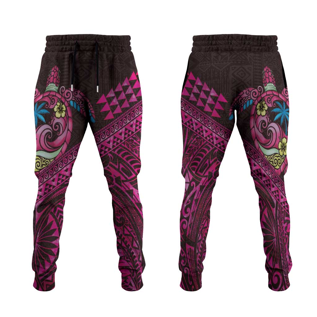 Hawaiian Abstract Sea Turtle Jogger Pants Polynesian Tapa Art and Kakau Tattoo Pink WaterColor - Polynesian Pride