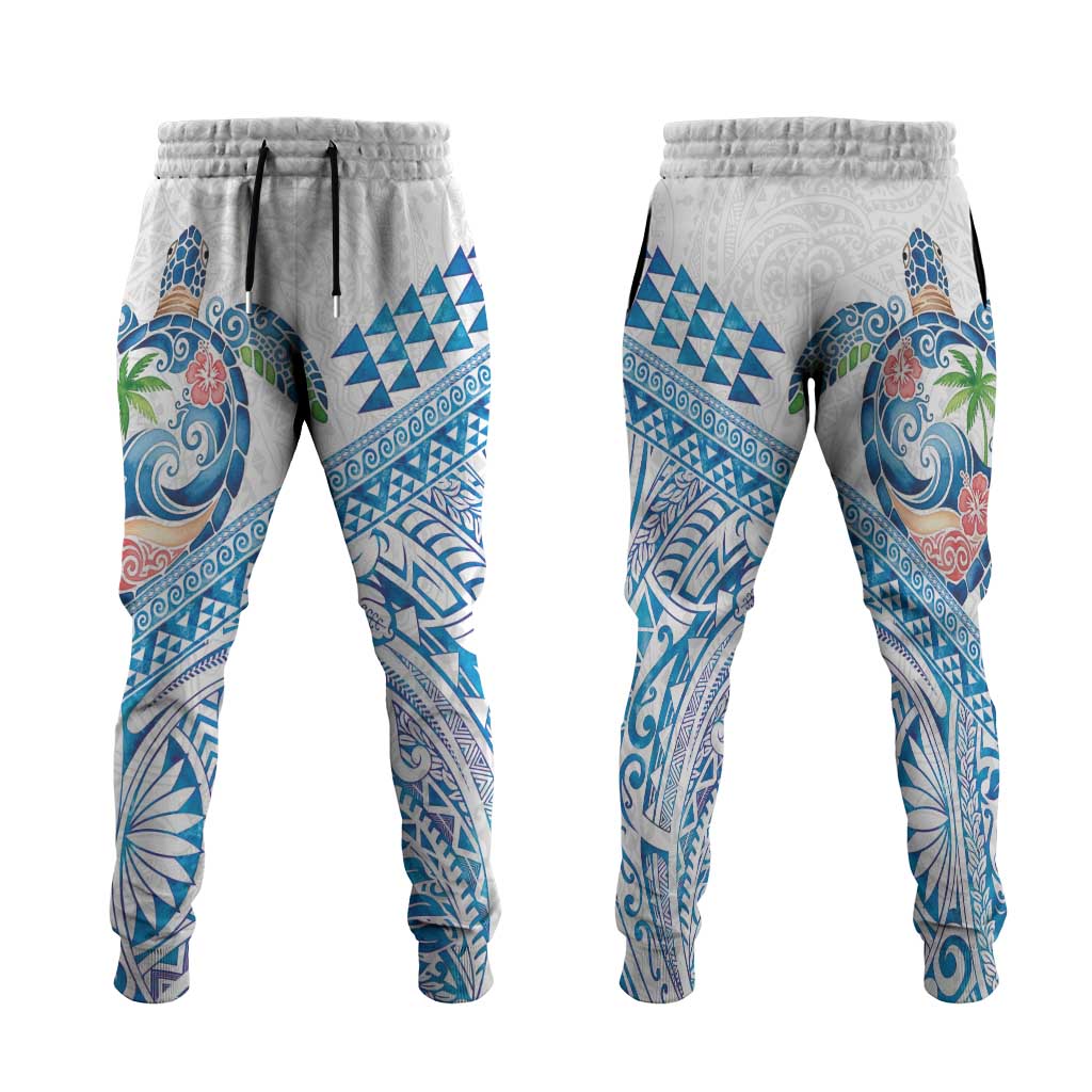 Hawaiian Abstract Sea Turtle Jogger Pants Polynesian Tapa Art and Kakau Tattoo White WaterColor - Polynesian Pride