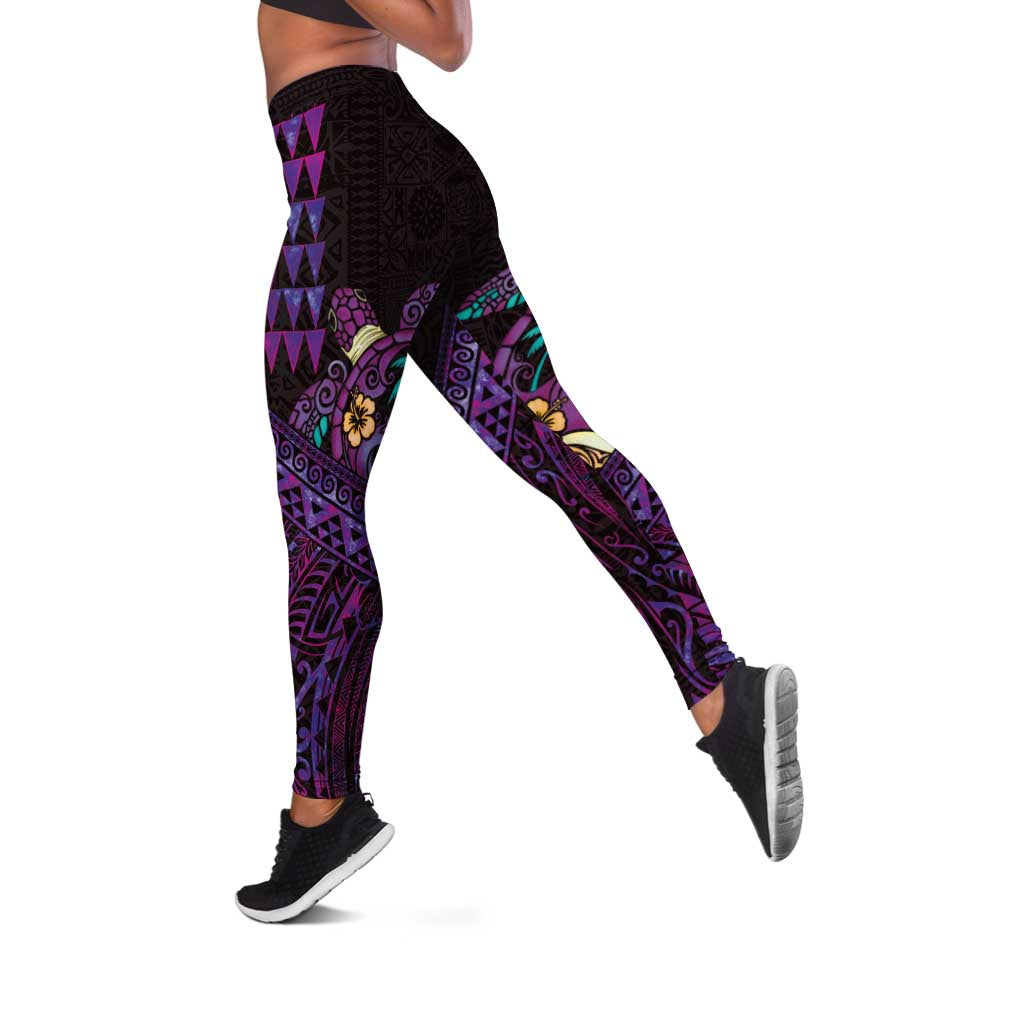 Hawaiian Abstract Sea Turtle Leggings Polynesian Tapa Art and Kakau Tattoo Purple WaterColor - Polynesian Pride