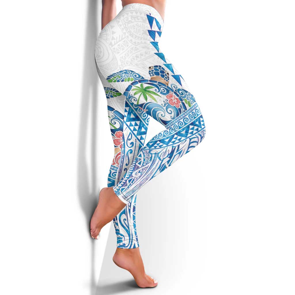 Hawaiian Abstract Sea Turtle Leggings Polynesian Tapa Art and Kakau Tattoo White WaterColor - Polynesian Pride