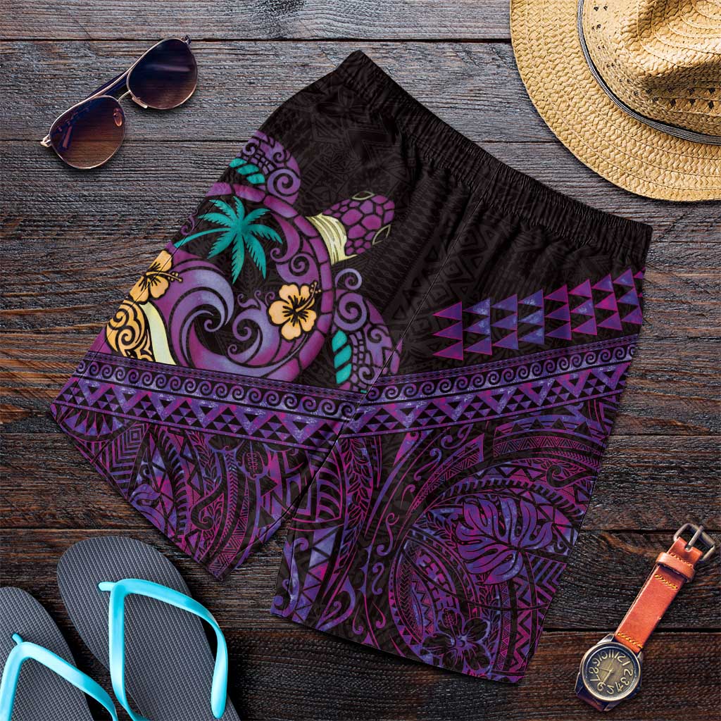 Hawaiian Abstract Sea Turtle Shorts for Men Polynesian Tapa Art and Kakau Tattoo Purple WaterColor - Polynesian Pride