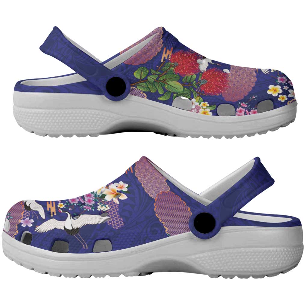 Hawaiian and Japanese Culture Together Clogs Shoes Blue Ohia Lehua Plumeria and Sakura Blooming - Polynesian Pride