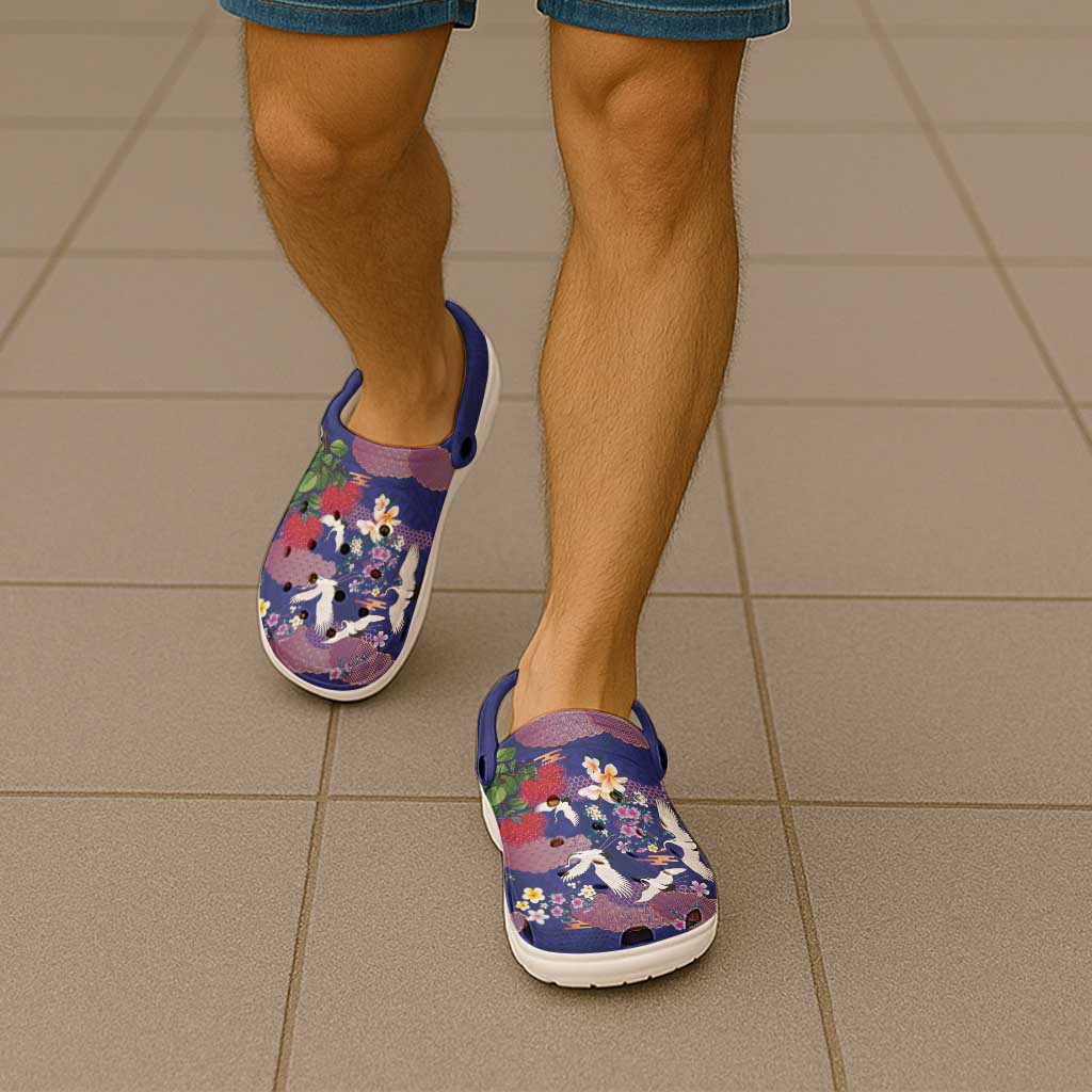 Hawaiian and Japanese Culture Together Clogs Shoes Blue Ohia Lehua Plumeria and Sakura Blooming - Polynesian Pride