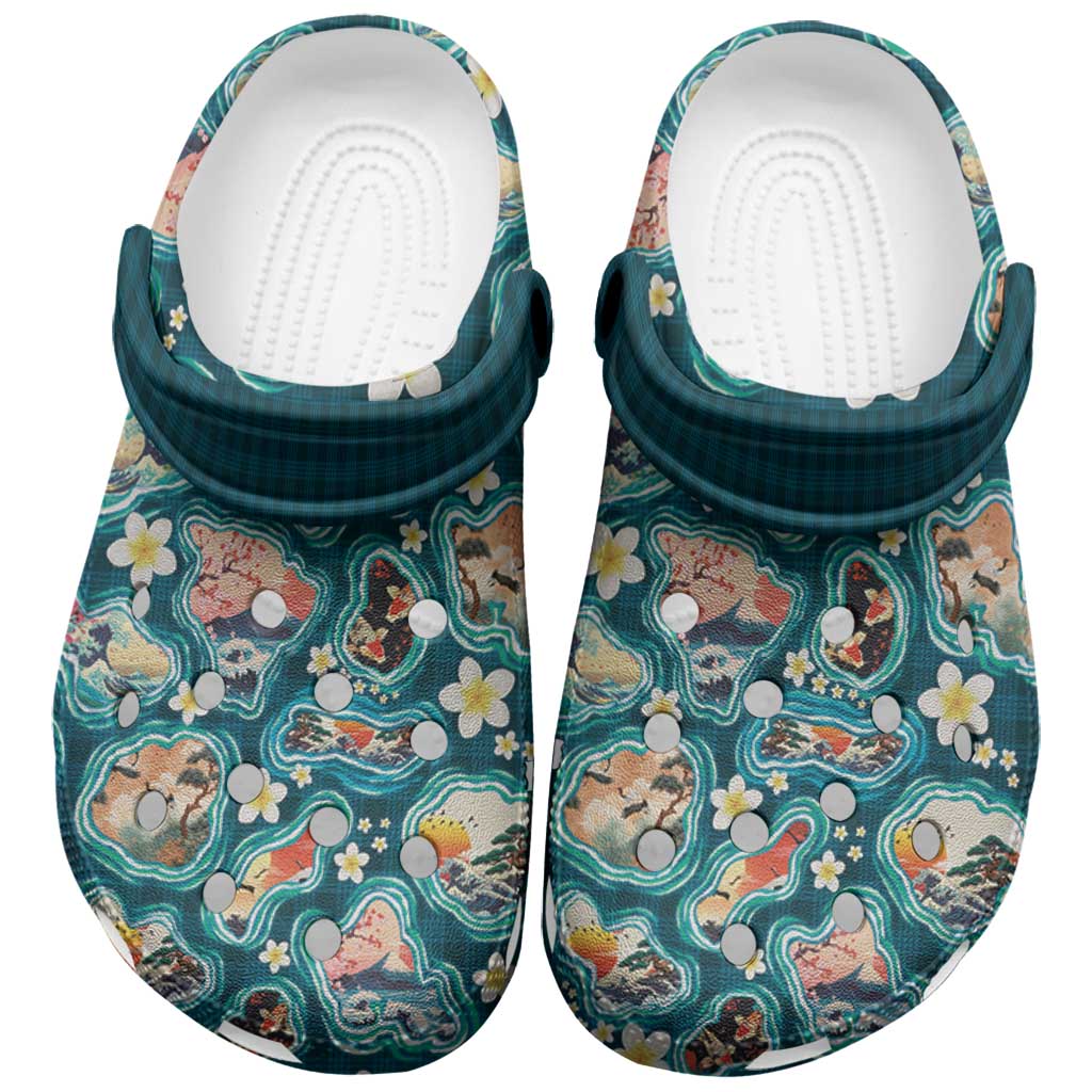 Hawaiian and Japanese Culture Together Clogs Shoes Hawaiian Island Shapes with Japanese Landscape Teal Color
