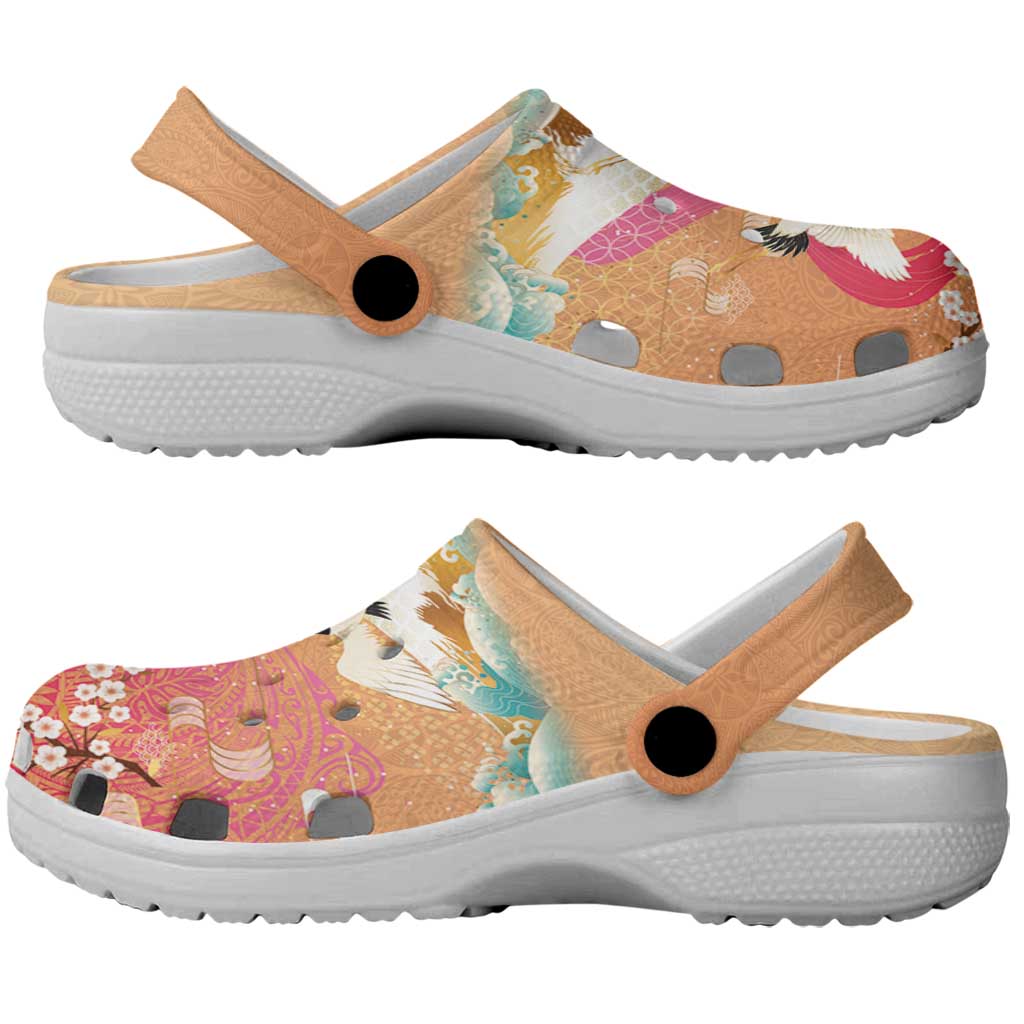 Hawaiian and Japanese Culture Together Clogs Shoes Kakau Art Tattoo with Cranes and Sakura Spring Vibe - Polynesian Pride