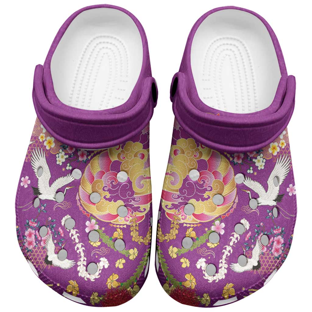 Hawaiian and Japanese Culture Together Clogs Shoes Kakau Tribal Pattern and Irezumi Art Purple Color