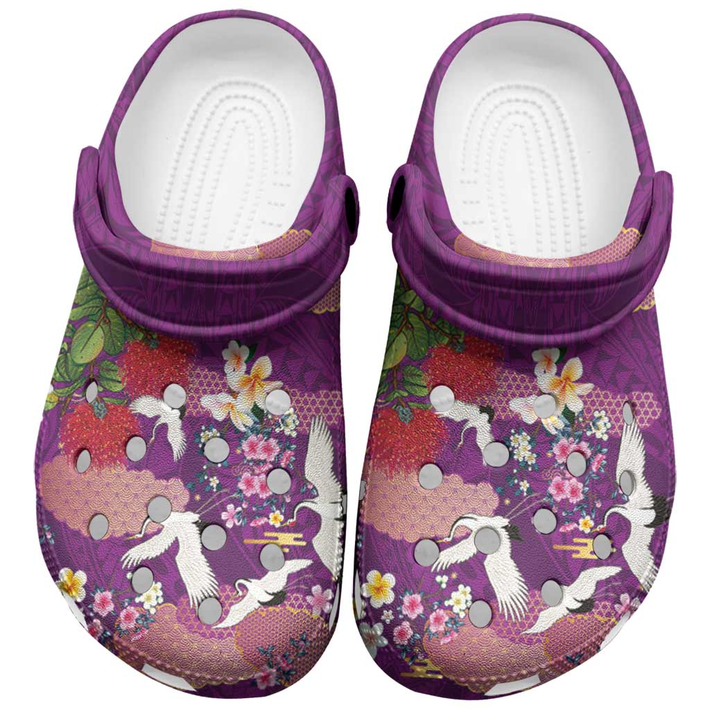 Hawaiian and Japanese Culture Together Clogs Shoes Purple Ohia Lehua Plumeria and Sakura Blooming - Polynesian Pride