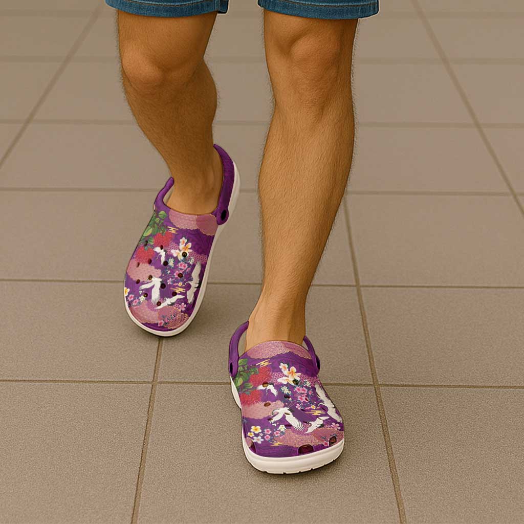 Hawaiian and Japanese Culture Together Clogs Shoes Purple Ohia Lehua Plumeria and Sakura Blooming - Polynesian Pride