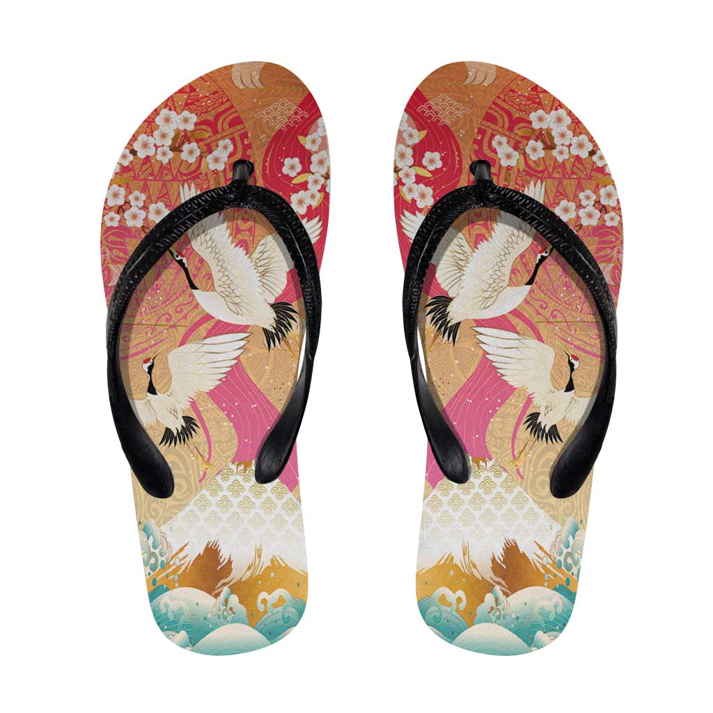 Hawaiian and Japanese Culture Together Flip Flops Kakau Art Tattoo with Cranes and Sakura Spring Vibe - Polynesian Pride