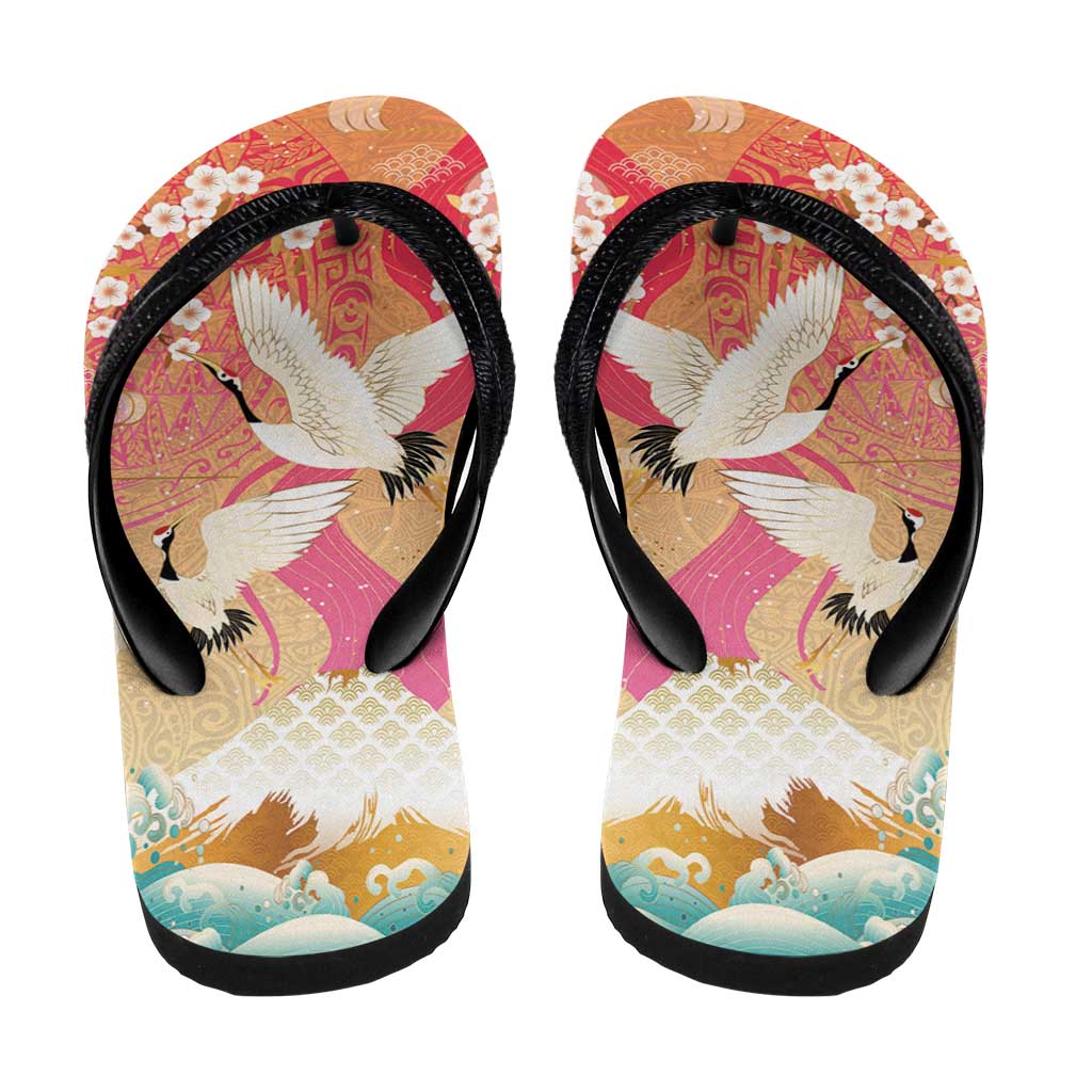 Hawaiian and Japanese Culture Together Flip Flops Kakau Art Tattoo with Cranes and Sakura Spring Vibe - Polynesian Pride