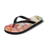 Hawaiian and Japanese Culture Together Flip Flops Kakau Art Tattoo with Cranes and Sakura Spring Vibe - Polynesian Pride