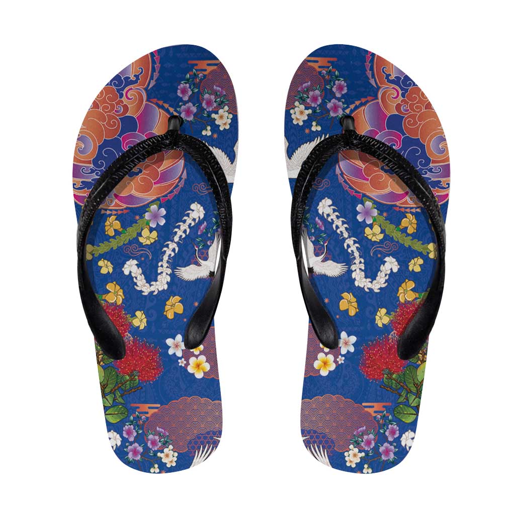 Hawaiian and Japanese Culture Together Flip Flops Kakau Tribal Pattern and Irezumi Art Blue Color LT03 Blue - Polynesian Pride