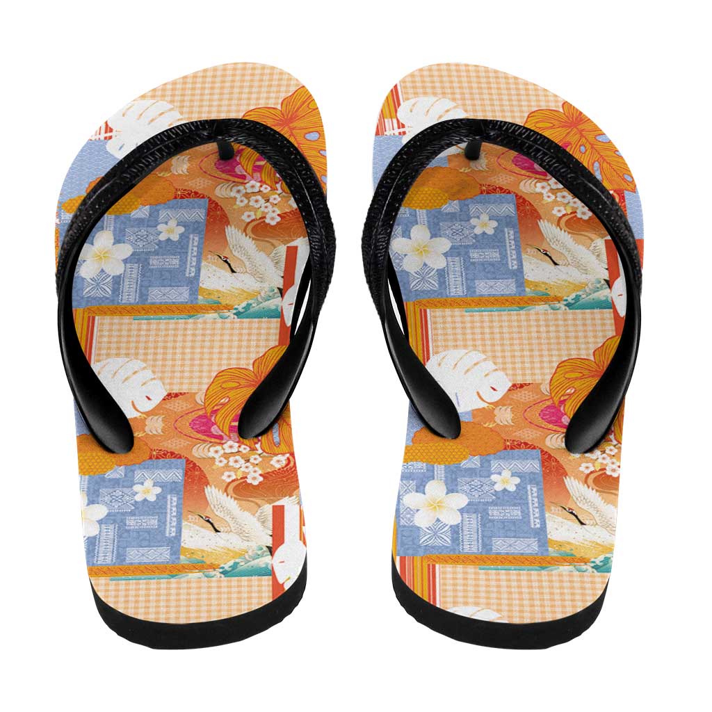 Hawaiian and Japanese Culture Together Flip Flops Palaka Japanese Art and Tropical Motif Tribal Patchwork