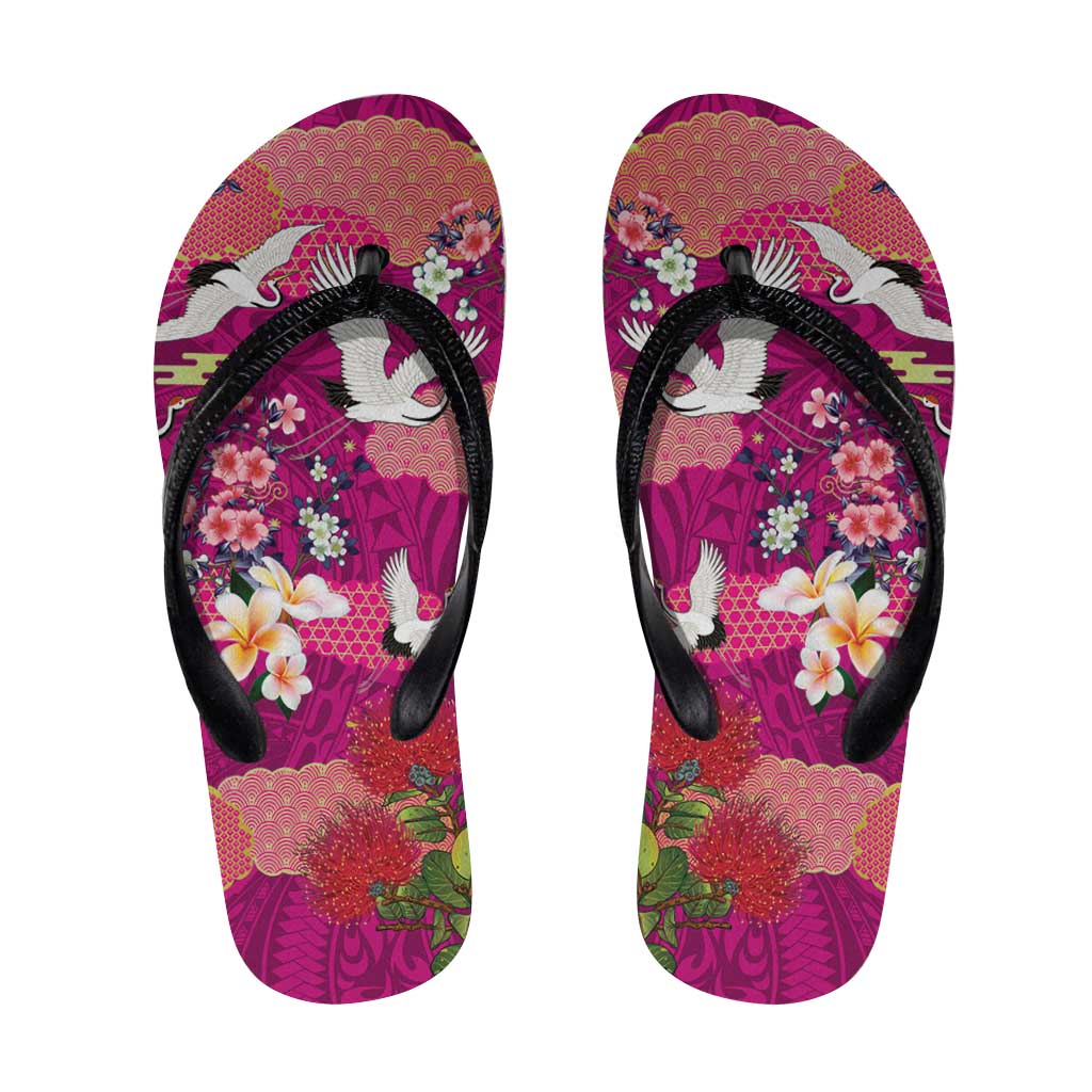 Hawaiian and Japanese Culture Together Flip Flops Pink Ohia Lehua Plumeria and Sakura Blooming - Polynesian Pride