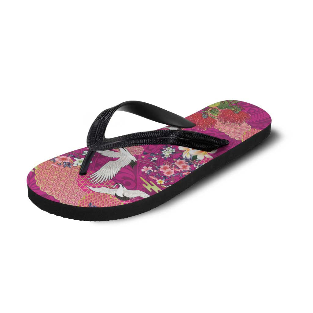 Hawaiian and Japanese Culture Together Flip Flops Pink Ohia Lehua Plumeria and Sakura Blooming - Polynesian Pride