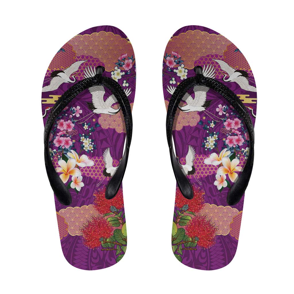 Hawaiian and Japanese Culture Together Flip Flops Purple Ohia Lehua Plumeria and Sakura Blooming - Polynesian Pride