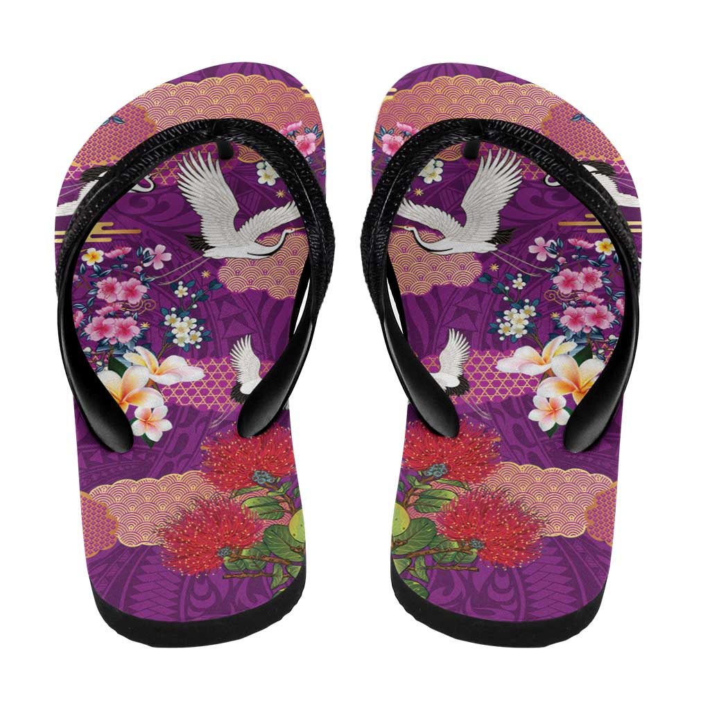 Hawaiian and Japanese Culture Together Flip Flops Purple Ohia Lehua Plumeria and Sakura Blooming - Polynesian Pride