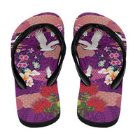 Hawaiian and Japanese Culture Together Flip Flops Purple Ohia Lehua Plumeria and Sakura Blooming - Polynesian Pride