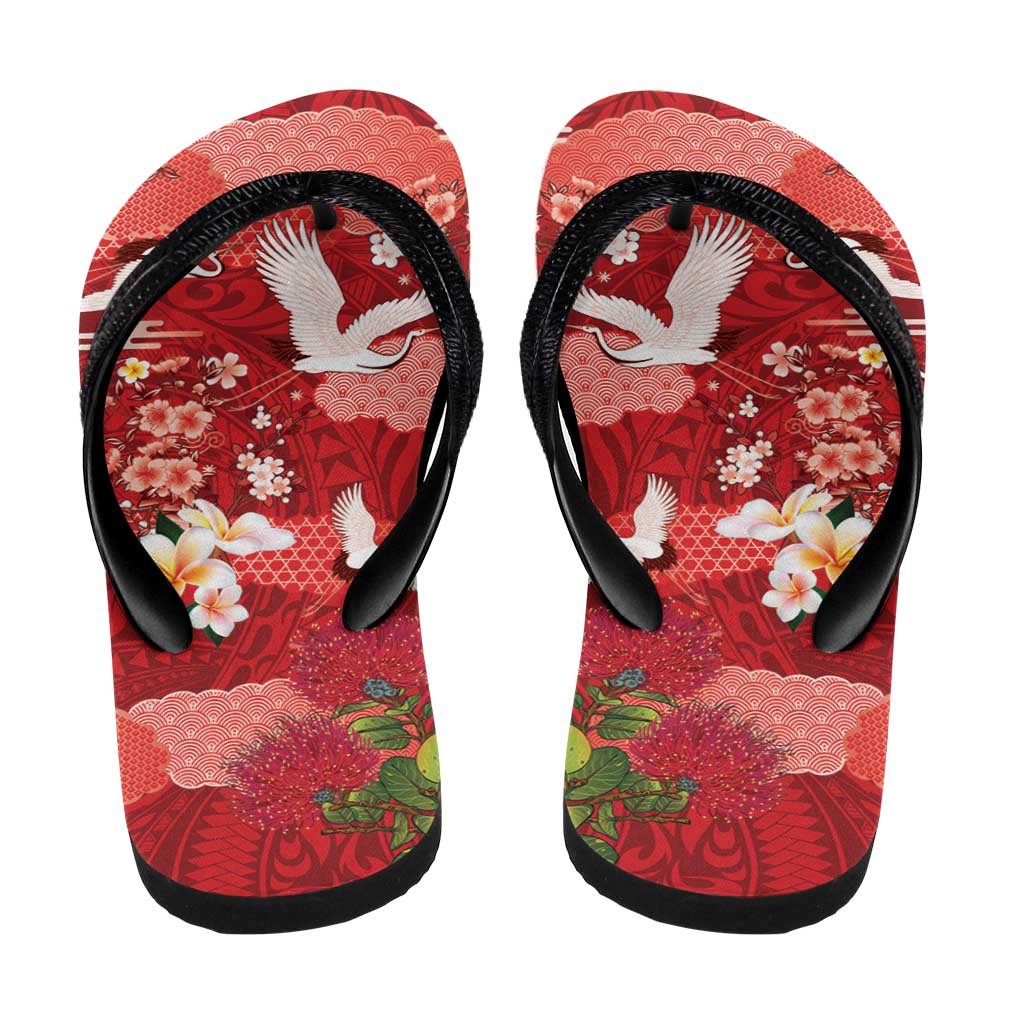 Hawaiian and Japanese Culture Together Flip Flops Red Ohia Lehua Plumeria and Sakura Blooming - Polynesian Pride