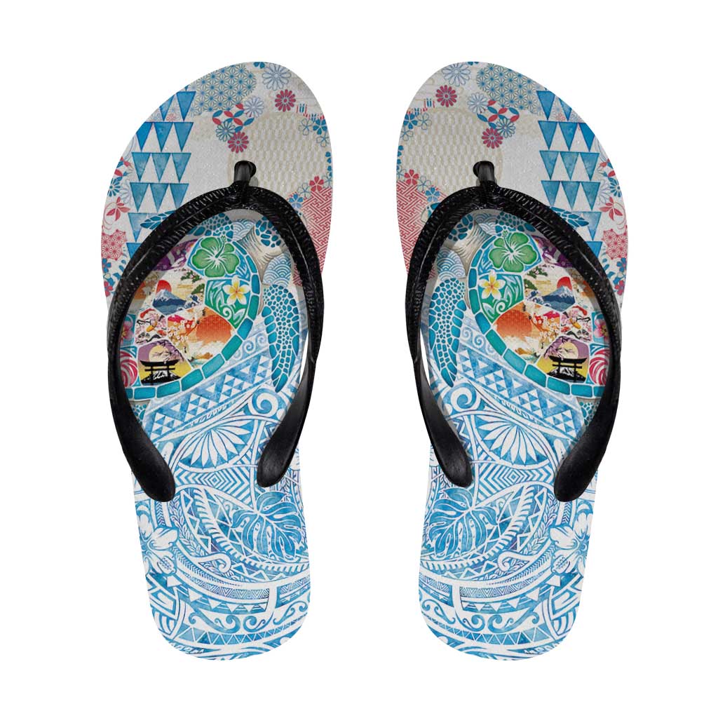Hawaiian and Japanese Culture Together Flip Flops Tropical Honu with Japanese Elements Blue Color