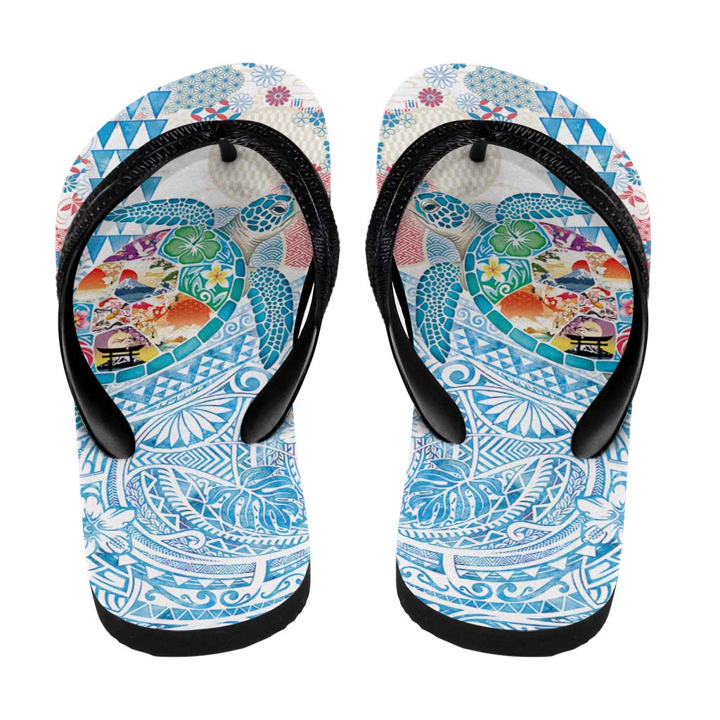 Hawaiian and Japanese Culture Together Flip Flops Tropical Honu with Japanese Elements Blue Color