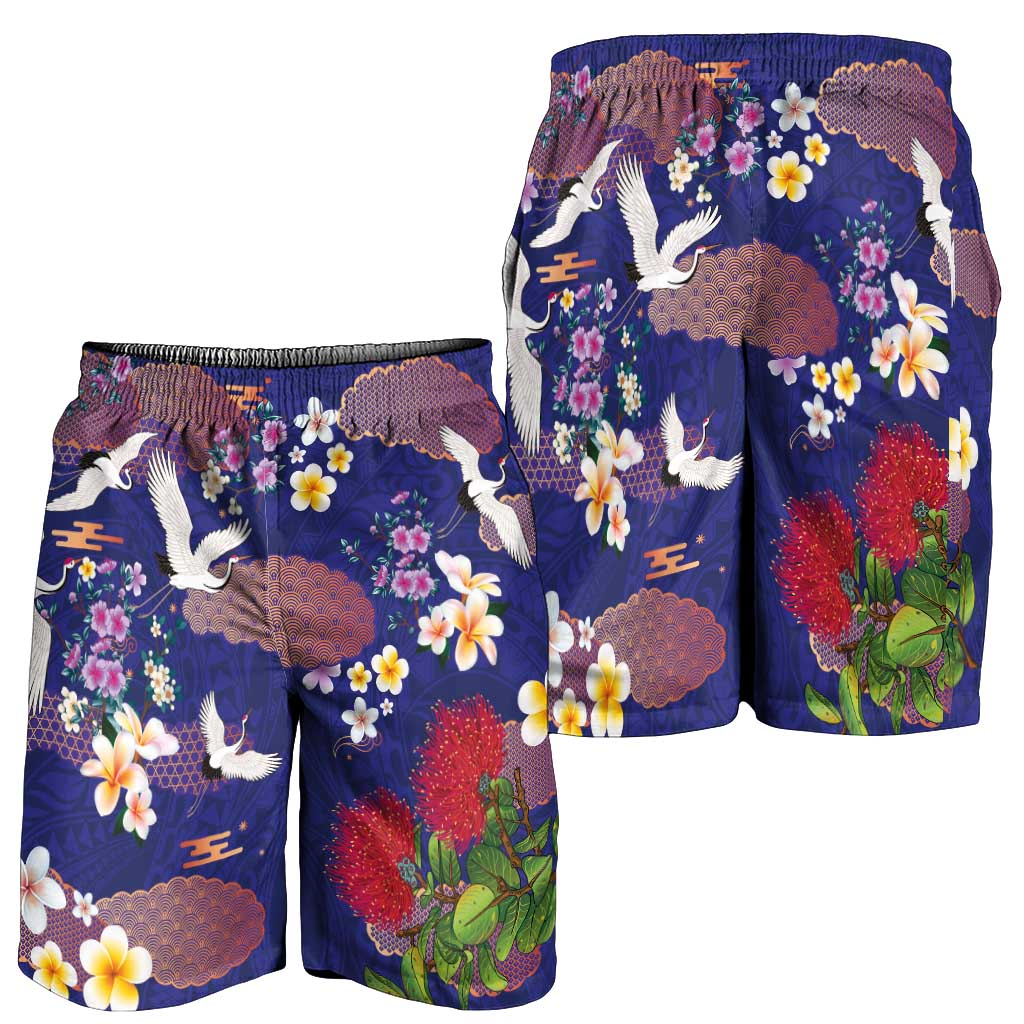 Hawaiian and Japanese Culture Together Shorts for Men Blue Ohia Lehua Plumeria and Sakura Blooming - Polynesian Pride
