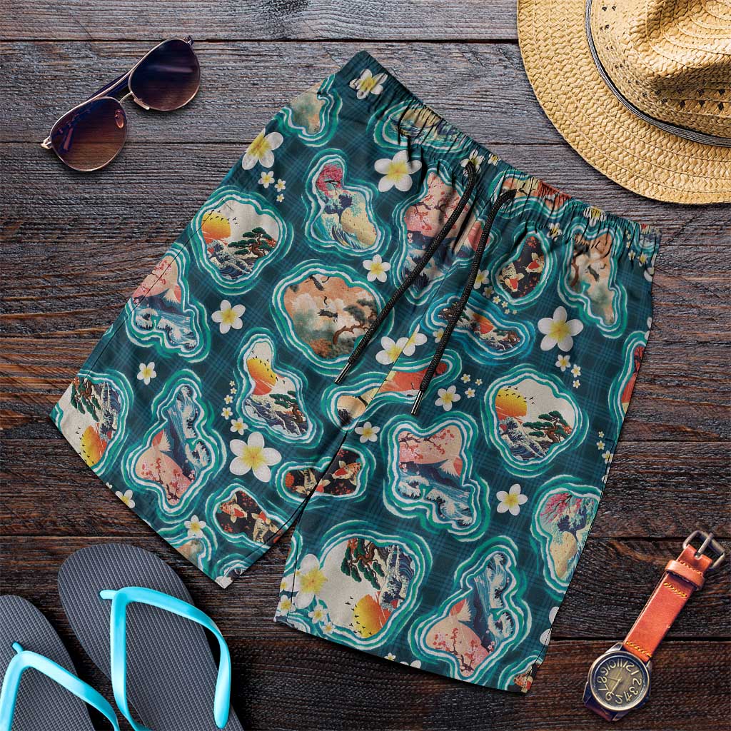 Hawaiian and Japanese Culture Together Shorts for Men Hawaiian Island Shapes with Japanese Landscape Teal Color