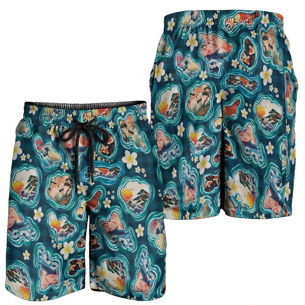 Hawaiian and Japanese Culture Together Shorts for Men Hawaiian Island Shapes with Japanese Landscape Teal Color LT03 - Polynesian Pride