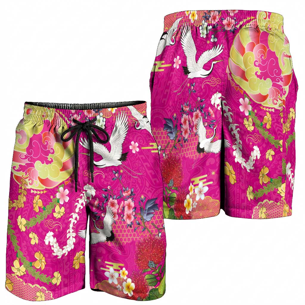 Hawaiian and Japanese Culture Together Shorts for Men Kakau Tribal Pattern and Irezumi Art Pink Color