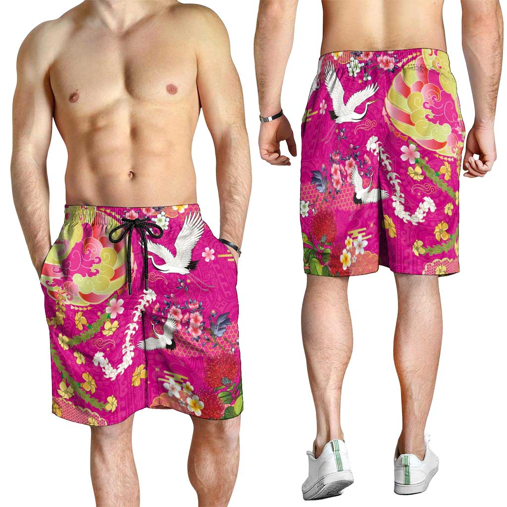 Hawaiian and Japanese Culture Together Shorts for Men Kakau Tribal Pattern and Irezumi Art Pink Color