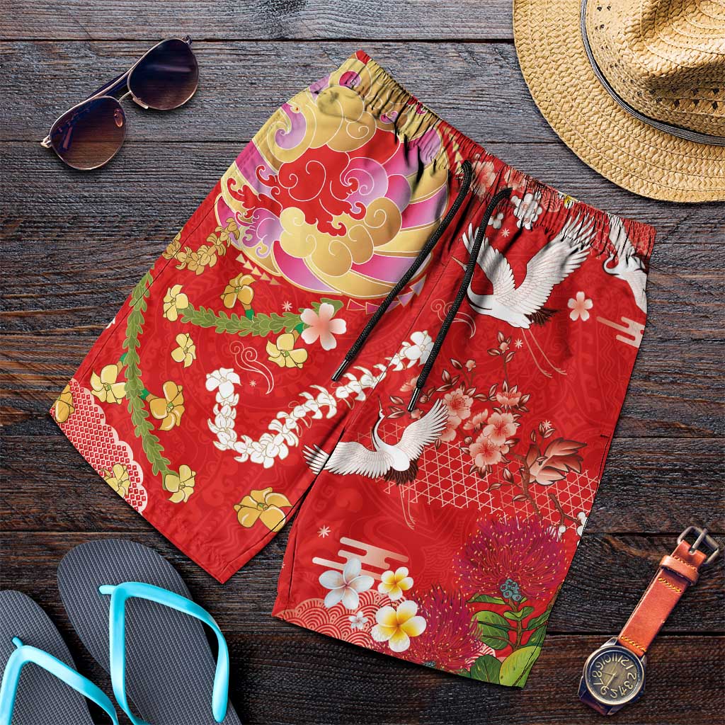 Hawaiian and Japanese Culture Together Shorts for Men Kakau Tribal Pattern and Irezumi Art Red Color LT03 Red - Polynesian Pride