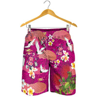 Hawaiian and Japanese Culture Together Shorts for Men Pink Ohia Lehua Plumeria and Sakura Blooming - Polynesian Pride