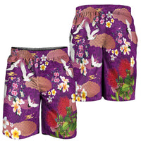 Hawaiian and Japanese Culture Together Shorts for Men Purple Ohia Lehua Plumeria and Sakura Blooming - Polynesian Pride