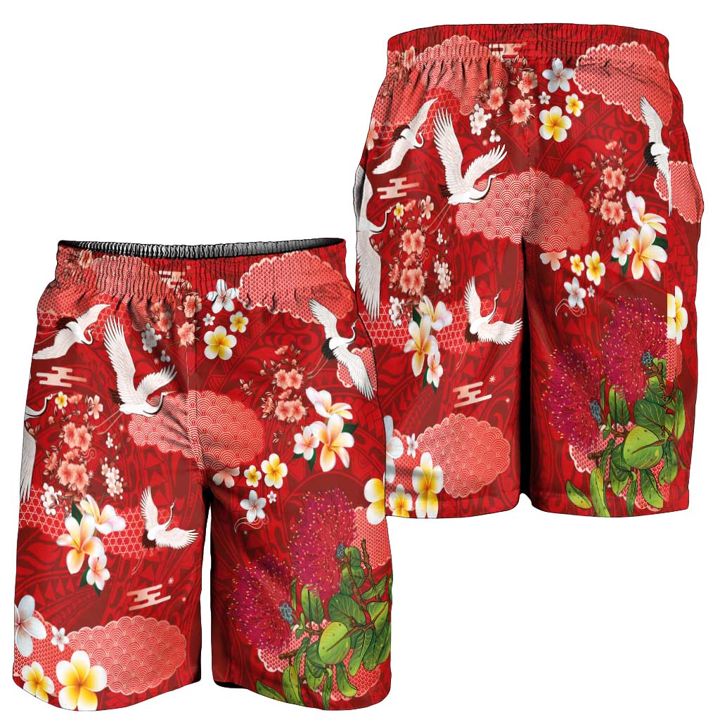 Hawaiian and Japanese Culture Together Shorts for Men Red Ohia Lehua Plumeria and Sakura Blooming - Polynesian Pride